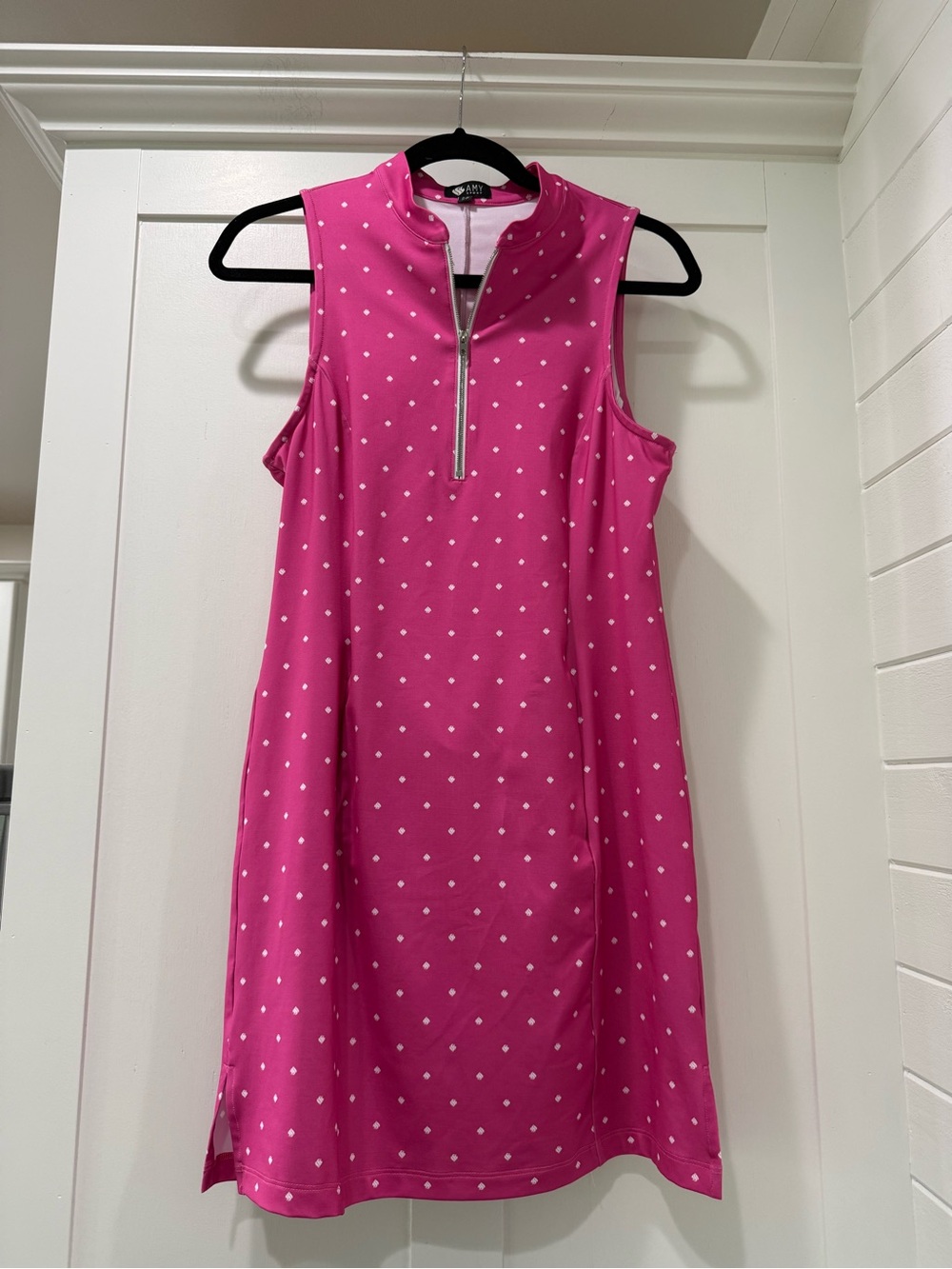 Amy Sport Hot Pink Sleeveless Polka Dot Zip-Front Dress
